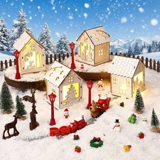 36 Pcs Light up Christmas Village Set Wooden House for Craft Unfinished Wood ...