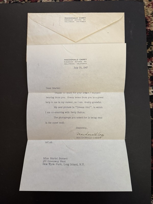Macdonald Carey Signed Letter Paramount Pictures 1947 Envelope With 3 Cent Stamp
