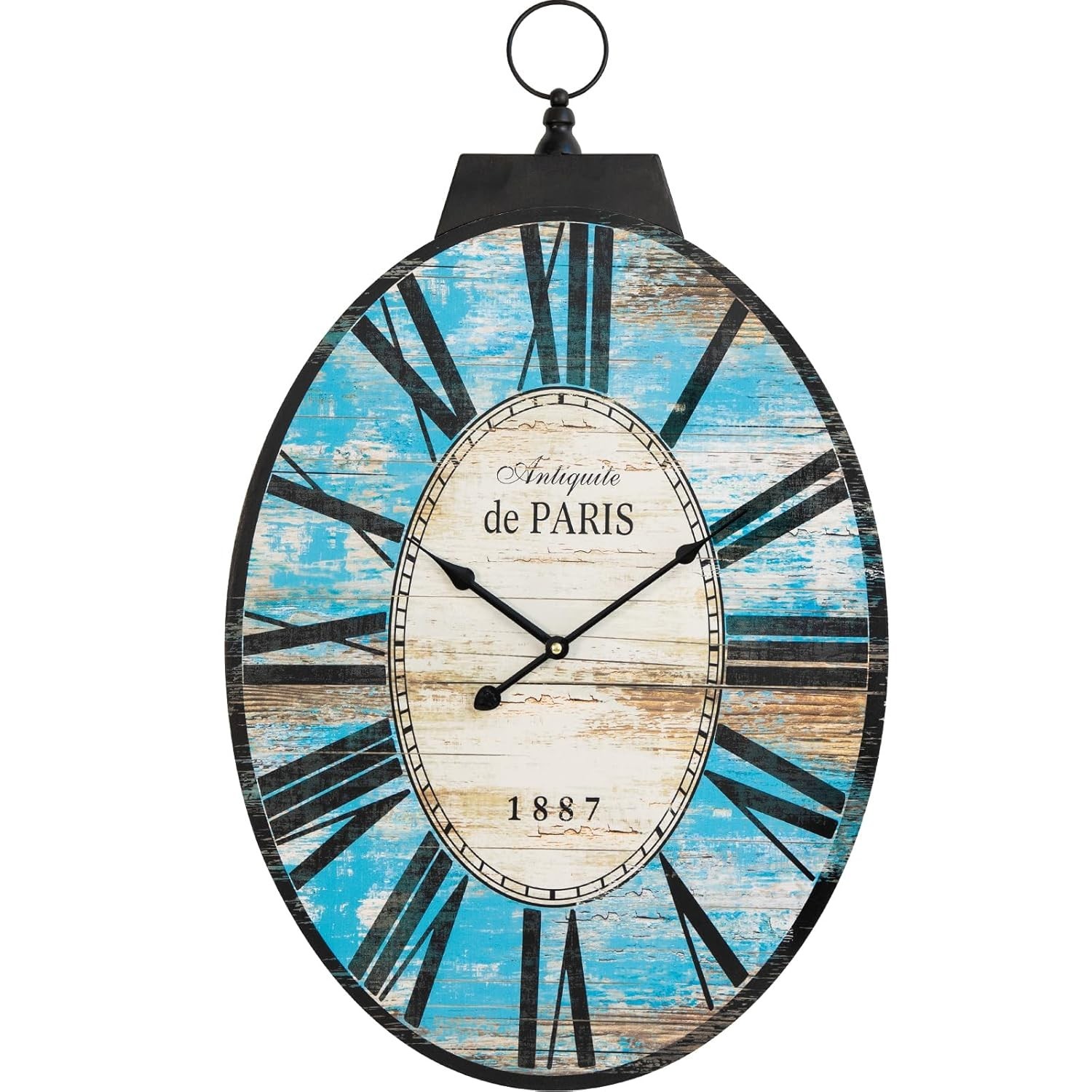 Large Wall Clock Decor 29" High Oval French Vintage Farmhouse Battery Power BLUE