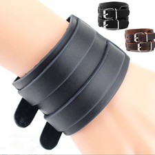 Genuine Leather Bracelet Punk Rock Wide Wrist Belt Wrap Mens Cuff Wristband