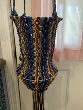 Vtg Hanging Macrame Planter W/metallic Beads 5 Feet 8  6  8  Ring System Tall Pot