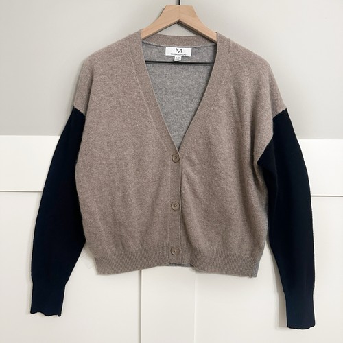 Magaschoni Sweater XL 100% Cashmere Cardigan V-Neck Color Block Pebble Heather