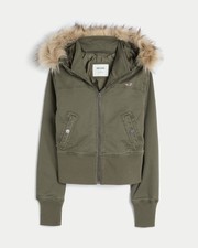 Hollister Peyton Twill Jacket Olive Women Size Full Zip Hoodie