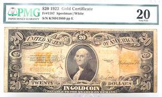 1922 $20 Gold Certificate PMG 20 VF Note Lot. H522