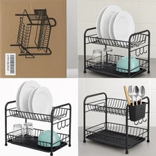 2-Tier Dish Drying Rack with Drainboard & Utensil Holder – Black – New 