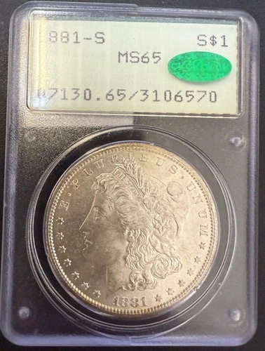 1881-S Morgan Silver Dollar PCGS MS-65 OGH CAC Green Bean 1st Gen. Holder