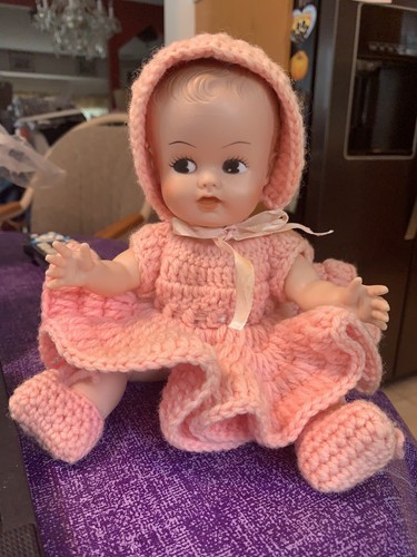 Vintage 10” Doll Rubber Head & Arms Hard Plastic Jointed Body Crocheted Outfit - Picture 3 of 16