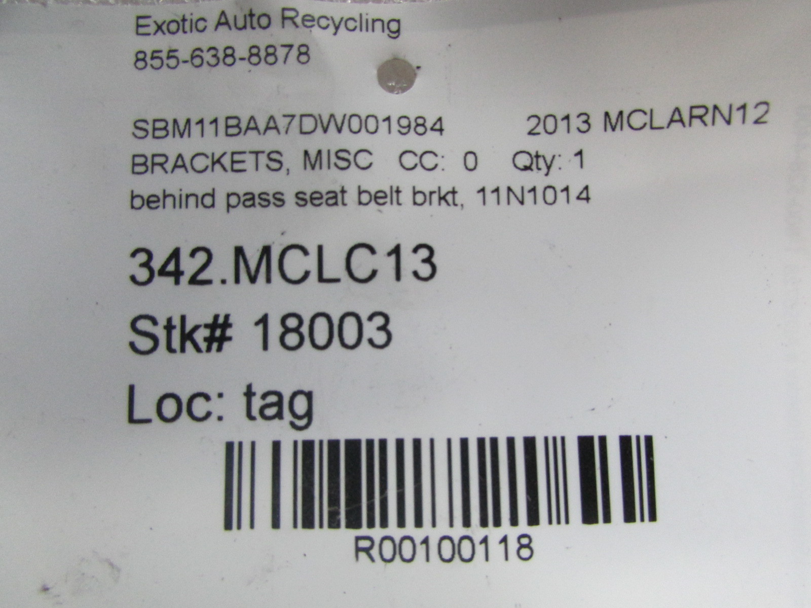 McLaren MP4-12C, Behind Passenger Seat Belt Bracket, Used, P/N 11N1014CP.02