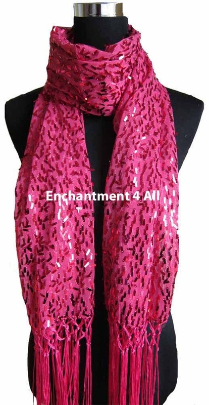 Elegant Oblong Lace Art Scarf Wrap w/ Sequins & Fringes, Hot Pink