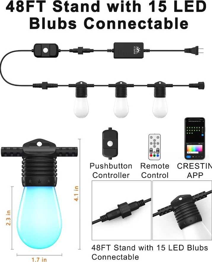 48 Ft Smart Outdoor String Lights RGBCW Color Changing Dimmable Patio String New - Image 2 of 4