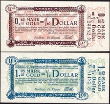 0.42 Mark Gold = 1/10 Dollar & 1.05 Mark Gold = 1/4 Dolar 1923 - ERLANGEN #A8a-2