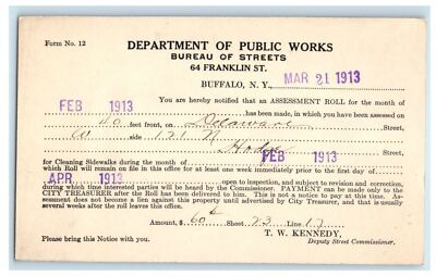 #ad 1913 Department Of Public Works Sidewalk Cleaning Bill Buffalo NY Postcard $14.98