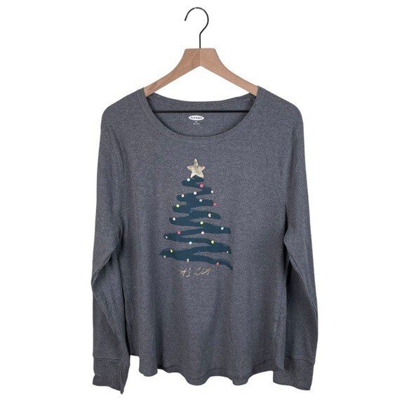 Old Navy Waffle Knit Thermal Tee Shirt Christmas Tree It's Lit Women's Size XXL