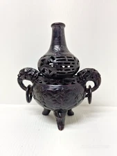Vintage Chinese Tripod Censer And Cover, Hard Carved Stone Incense Burner 9"