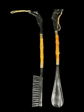 VTG LONG HANDLE HORSE HEAD BAMBOO SHOE HORN  LINT BRUSH SET 2