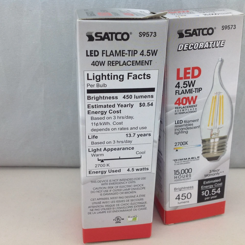 Satco S9573 4.5W Decorative LED Flame Tip Clear 450 Lumens Bulb Lot of 2 - Image 4 of 4