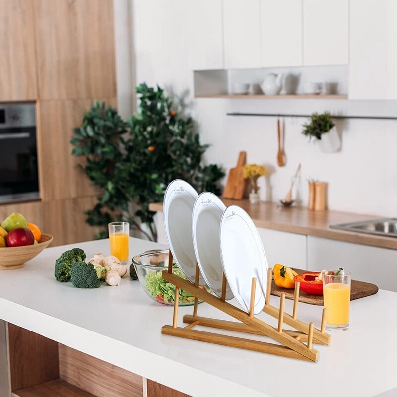 2 PCS Wooden Dish Rack Bamboo Plate Rack Stand Pot Lid Holder, Dish