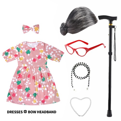 Old Lady Costume for Kids Granny 100 Days of School Girl Cosplay Costume Wig Set - Picture 36 of 39