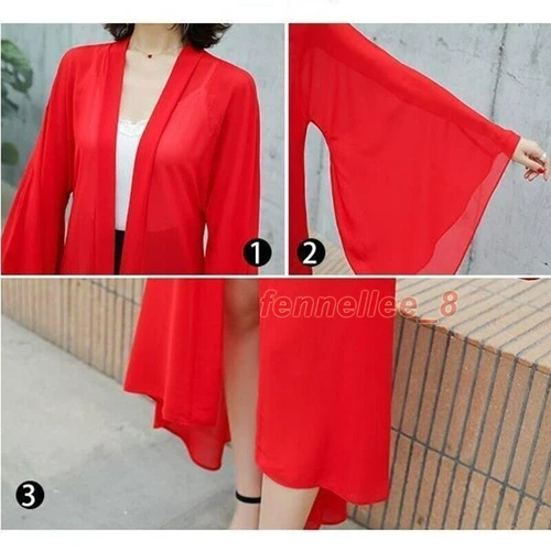 Damen Transparent Chiffon Kimono Lange Jacke Cardigan Schal Achselzucken Bolero Sommer Strand - Bild 13 von 25