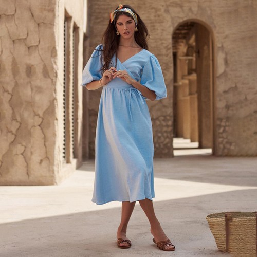 Summer Women Ladies Pure Cotton Lace-up Short Bubble Sleeve V Neck Long Dress - Picture 5 of 61