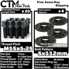 4x 12mm 5x112 HubCentric Wheel Spacer 15x1.25 Black Bolt Fit Mercedes Stock Rim