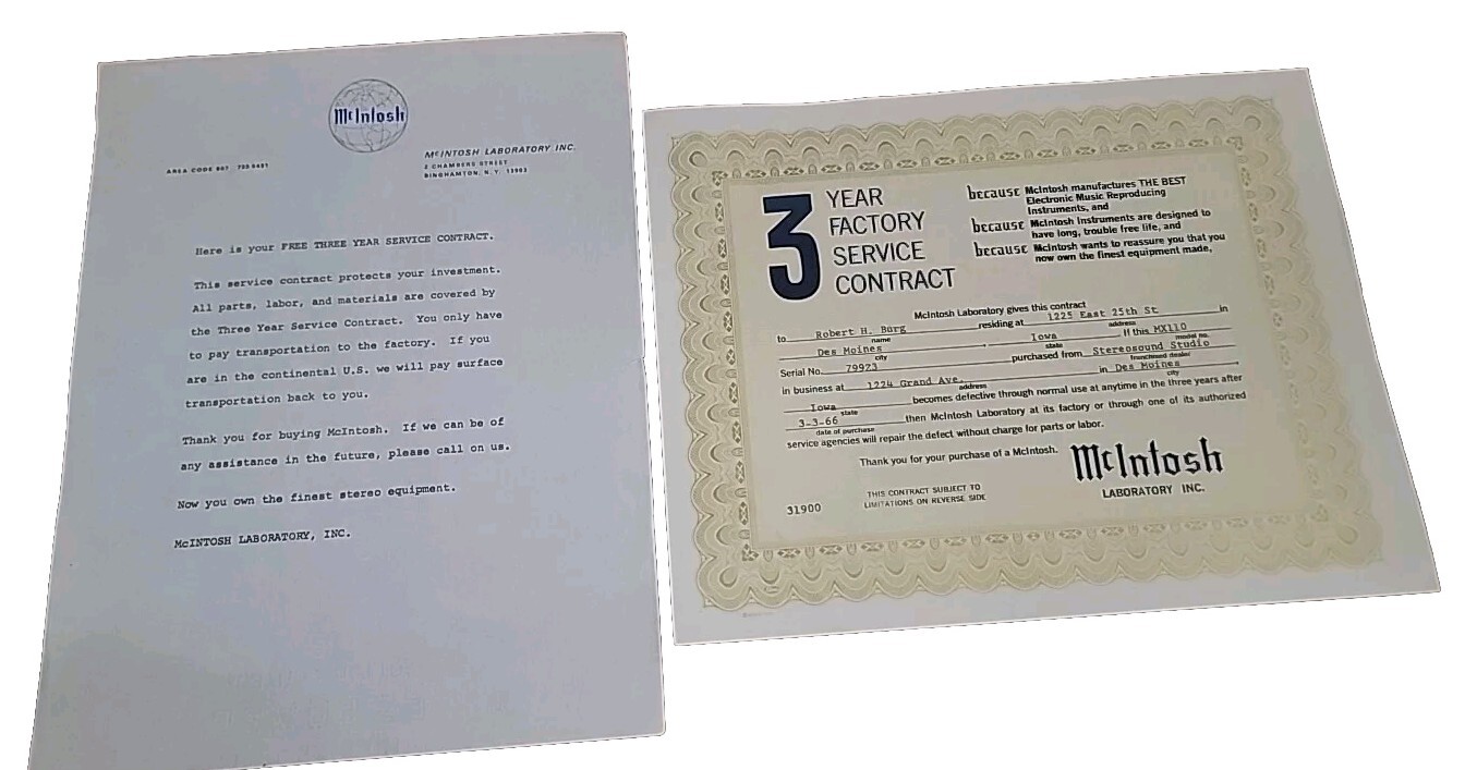 Schematic for McIntosh Model MX-110 (full-sized) Warranty Certif 1960's Misc. 