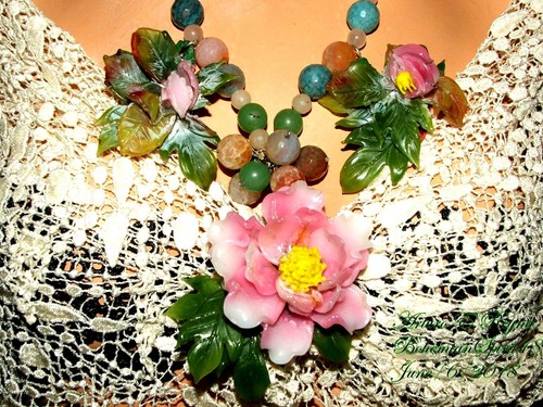 AMAZING ARTURO E.REYNA GLASS JADEITE FLOWERS NATURAL GEMSTONE BEADS BIB NECKLACE - Picture 3 of 9