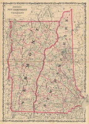 Johnson's New Hampshire & Vermont. US State Karte zeigt Grafschaften 1861 alt