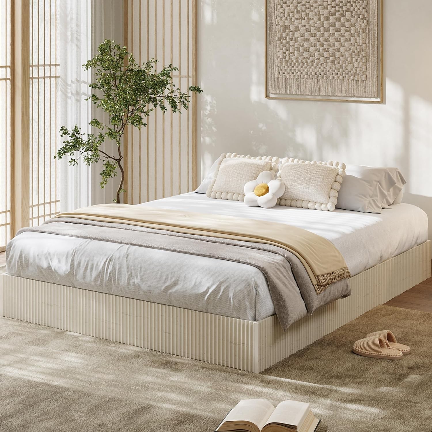 Queen Bed Frame, Wood Platform Bed with Fluted Design, Low Profile Bed Frame