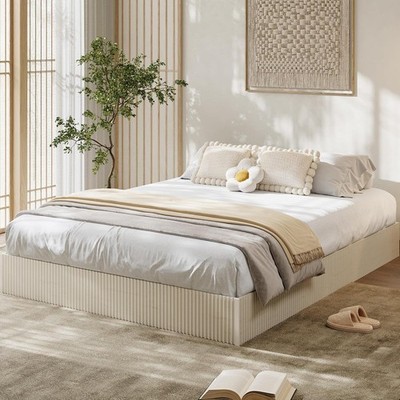 Queen Bed Frame, Wood Platform Bed with Fluted Design, Low Profile Bed Frame