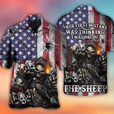 Skull Aloha Hawaiian Shirt For Summer Skull Shot Gun American Flag Vintage Hawai