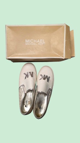 Michael Kors Women's Size 5 White Silver Slip-On Flats Logo Perforated Leather  - Picture 1 of 8