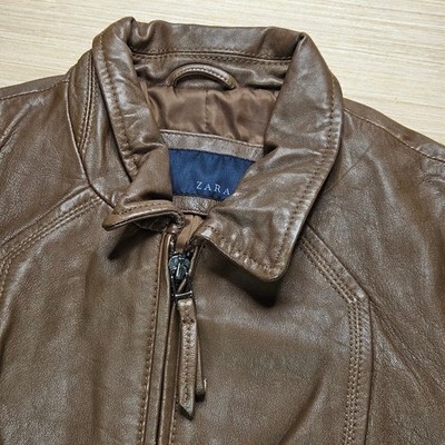 ZARA BASIC Women Brown Genuine Lambs Leather Moto Jacket Biker Style Size S