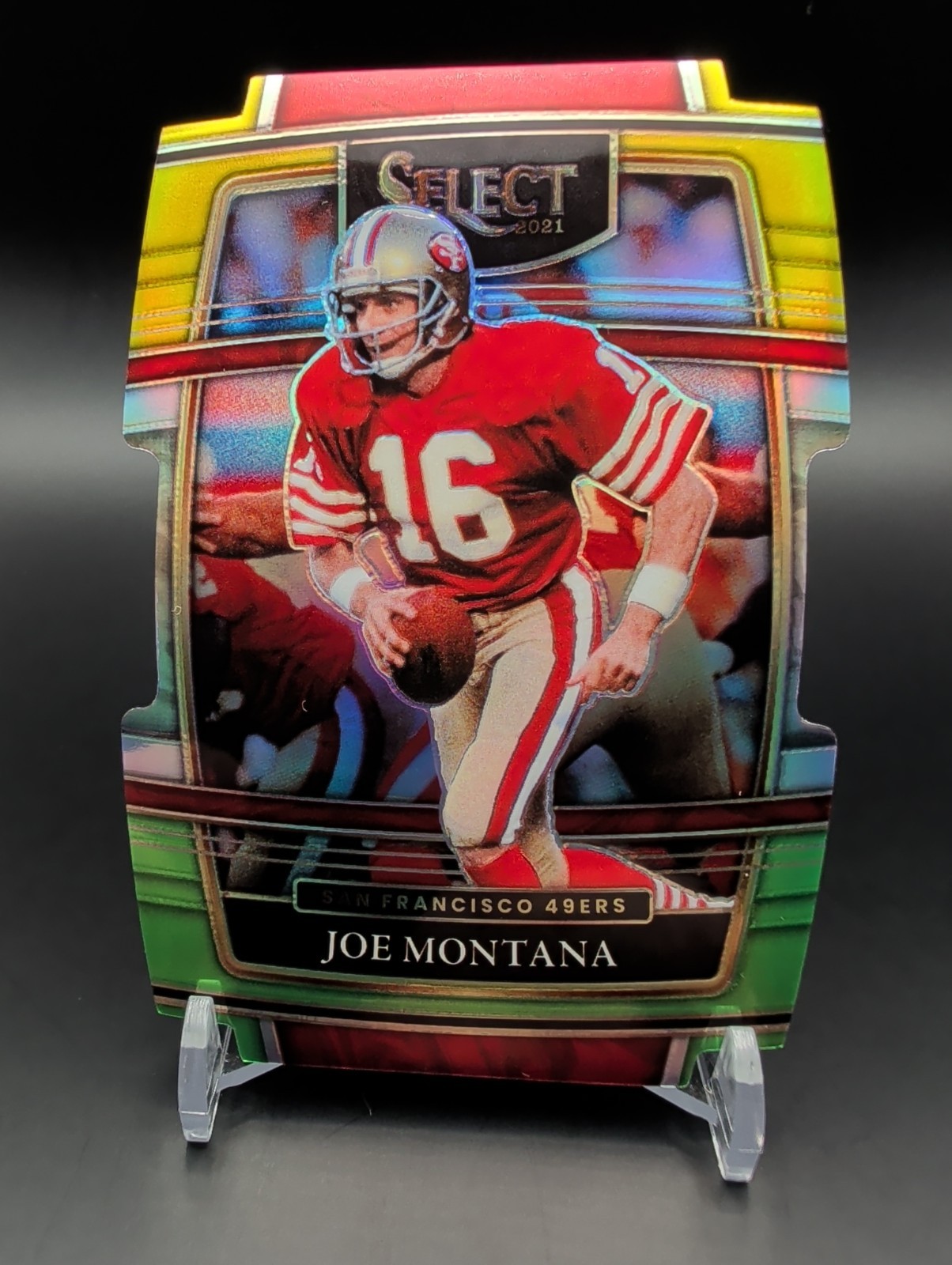 2021 Panini Select - Concourse Joe Montana #36 Green & Yellow Prizm Die-Cut