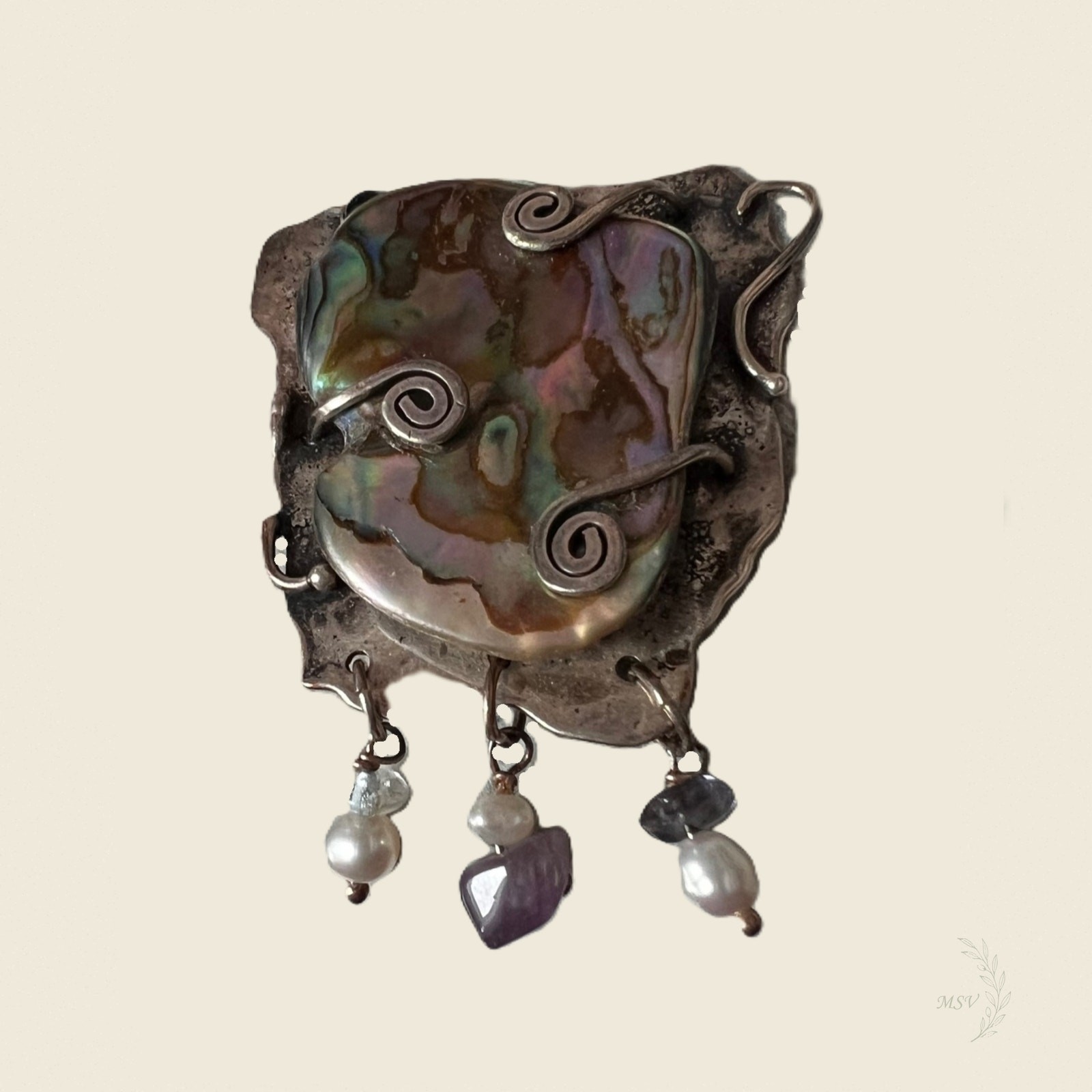 Artisan Abalone Shell Studio Brooch Amethyst Pear… - image 1