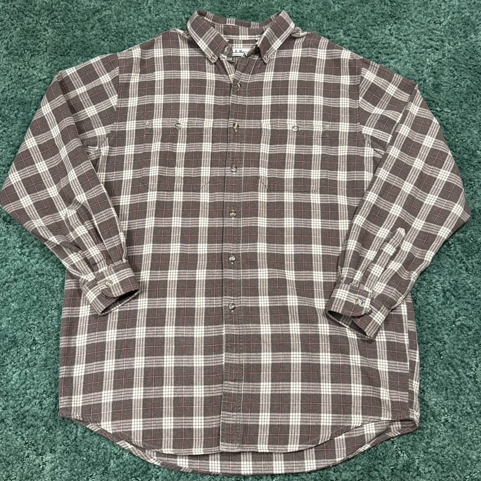 LL Bean Flannel Shirt Mens 46 Chest L/XL Brn Plaid Vtg Button Down 90s Outdoors