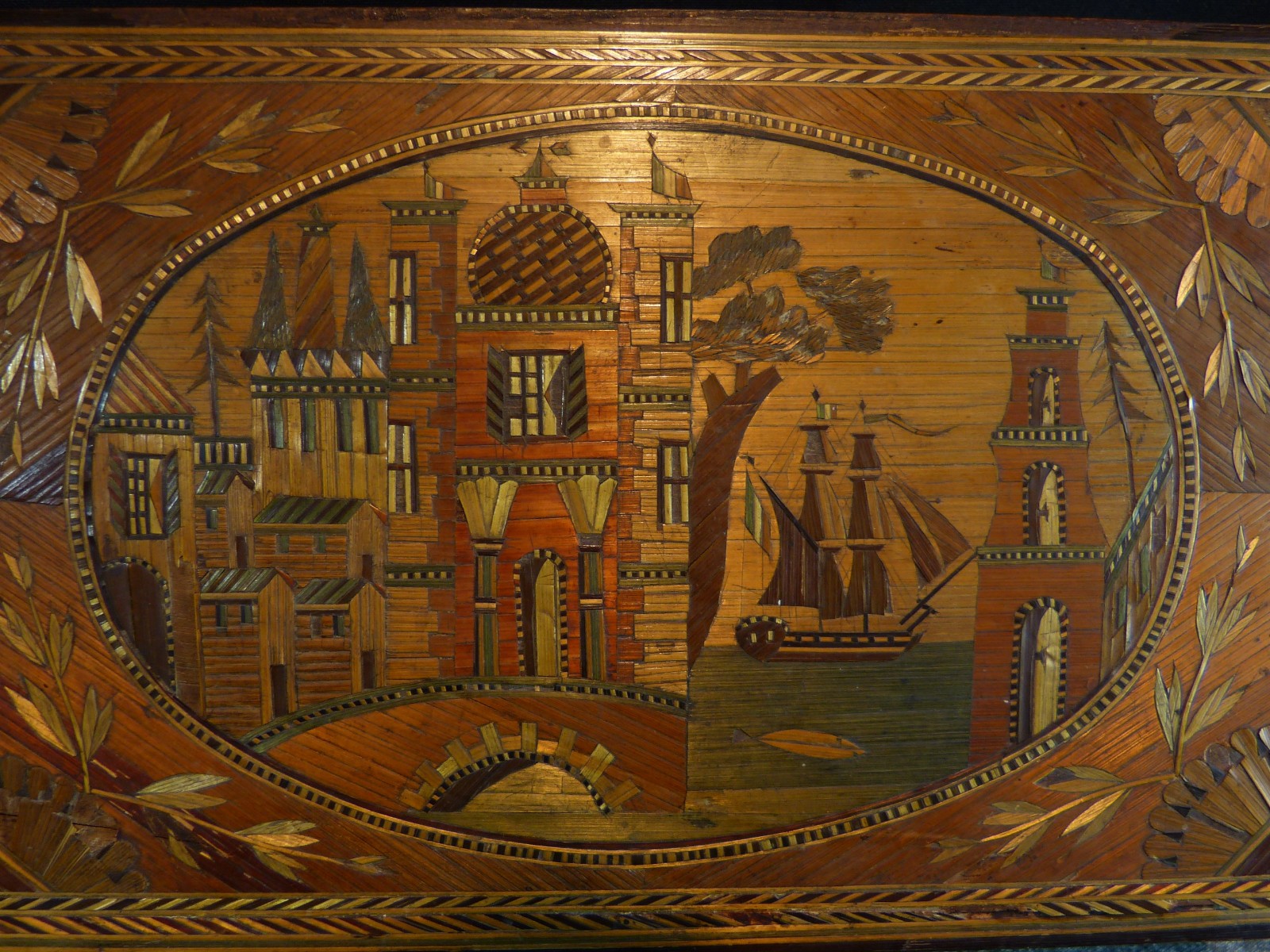 Antique 19th Century 19th Century Straw Marquetry Sewing Box Necessary Box