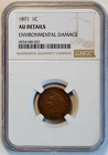1871 Indian Head Small Cent AU DETAILS NGC 1C US COIN