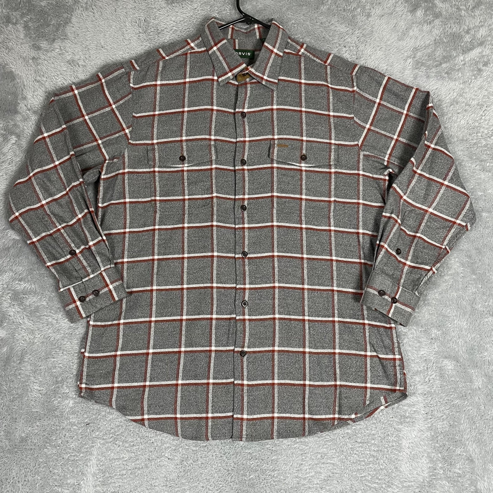 Orvis Shirt Mens Large Gray Red Plaid Flannel Button Down Long Sleeve Pockets