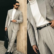 Summer Men's Gray Linen Classic Suits Wide Lapel Jacket for Father's Day Gifts