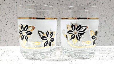 2 Vintage DeValBor Windrose Italian Frosted Gold and Black Floral Design Lowball