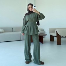 Muslim Women Plain Blouse Top Wide Leg Pants 2Pcs Sets Islam Causal Abaya Kaftan