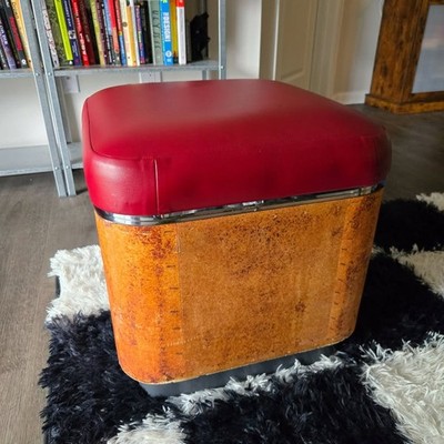 60's style MCM Burgundy Red Vinyl Storage Stool, Wood Finish, Chrome Trim, Retro