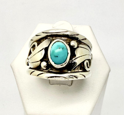 Southwestern Sterling Silver Turquoise Ring Signed ELA - Size 9