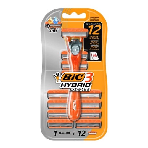 BIC 3 Hybrid Extra Life Razor + 12 Cartridges Men's 3 Blade Shaving System