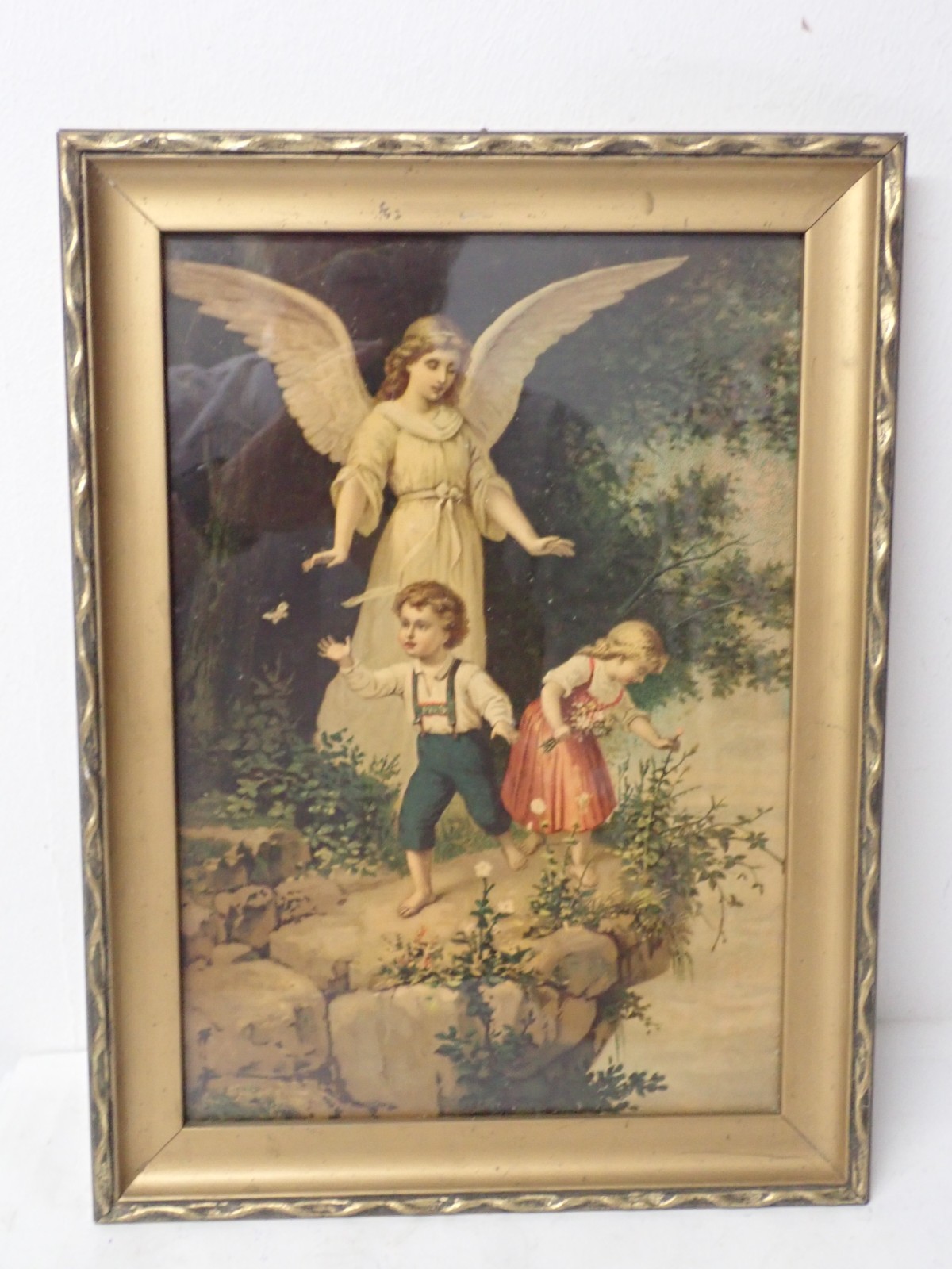 Schönes antikes Schutzengelbild im Goldstuckrahmen um 1910