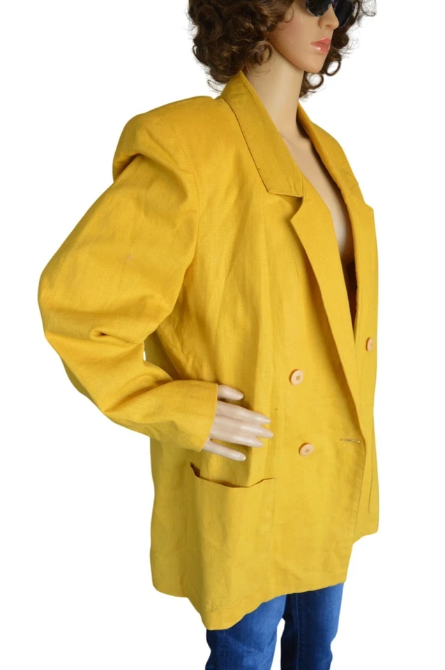 Blazer Adolfo Vintage Amarillo Mostaza Lino Algodón Doble Pecho Mujer Talla 14 Foto 2 de 4