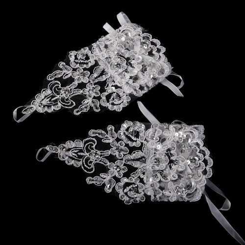 White Lace Sequins Rhinestone Bride Fingerless Wedding Evening Gloves Z6F17570 - Picture 2 of 5