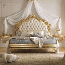 Letto Matrimoniale Barocco legno foglia oro argento o patinato ecopelle o vellut