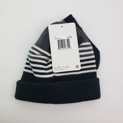 Nike Baby Size 12/24 Months Black Gray Striped Knit Hat Beanie Mittens 2 Pc Set - Picture 2 of 4